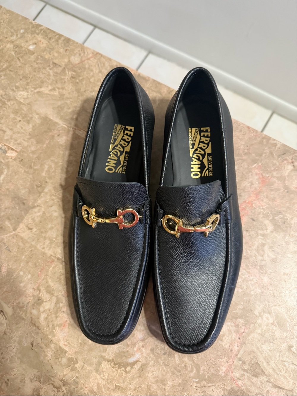 Salvatore Ferragamo Black Leather Horsebit Slip-On Loafers with Gold Hardware